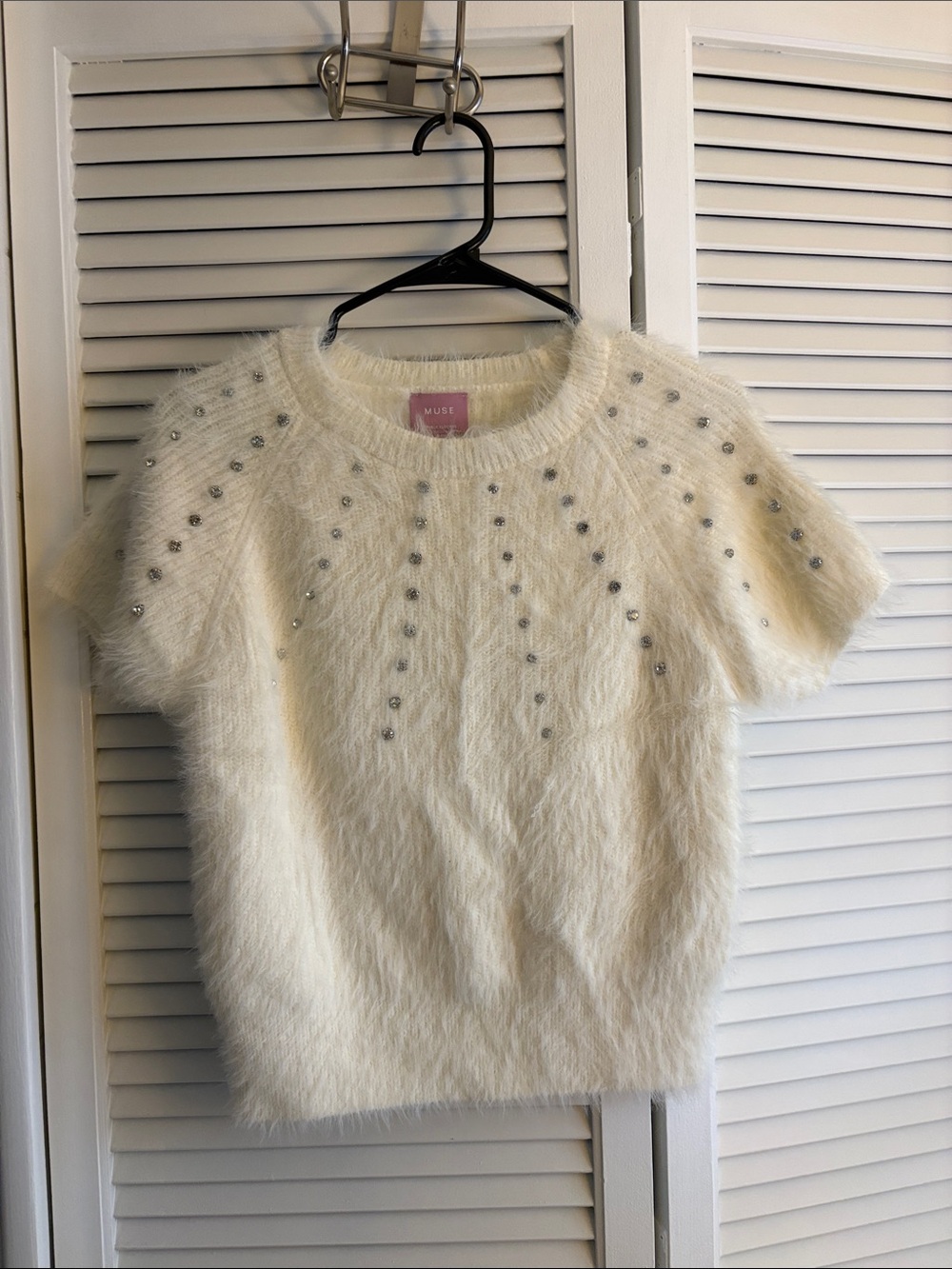 Muse Cream Fuzzy Short Sleeve Crewneck Sweater with Rhinestones NWT